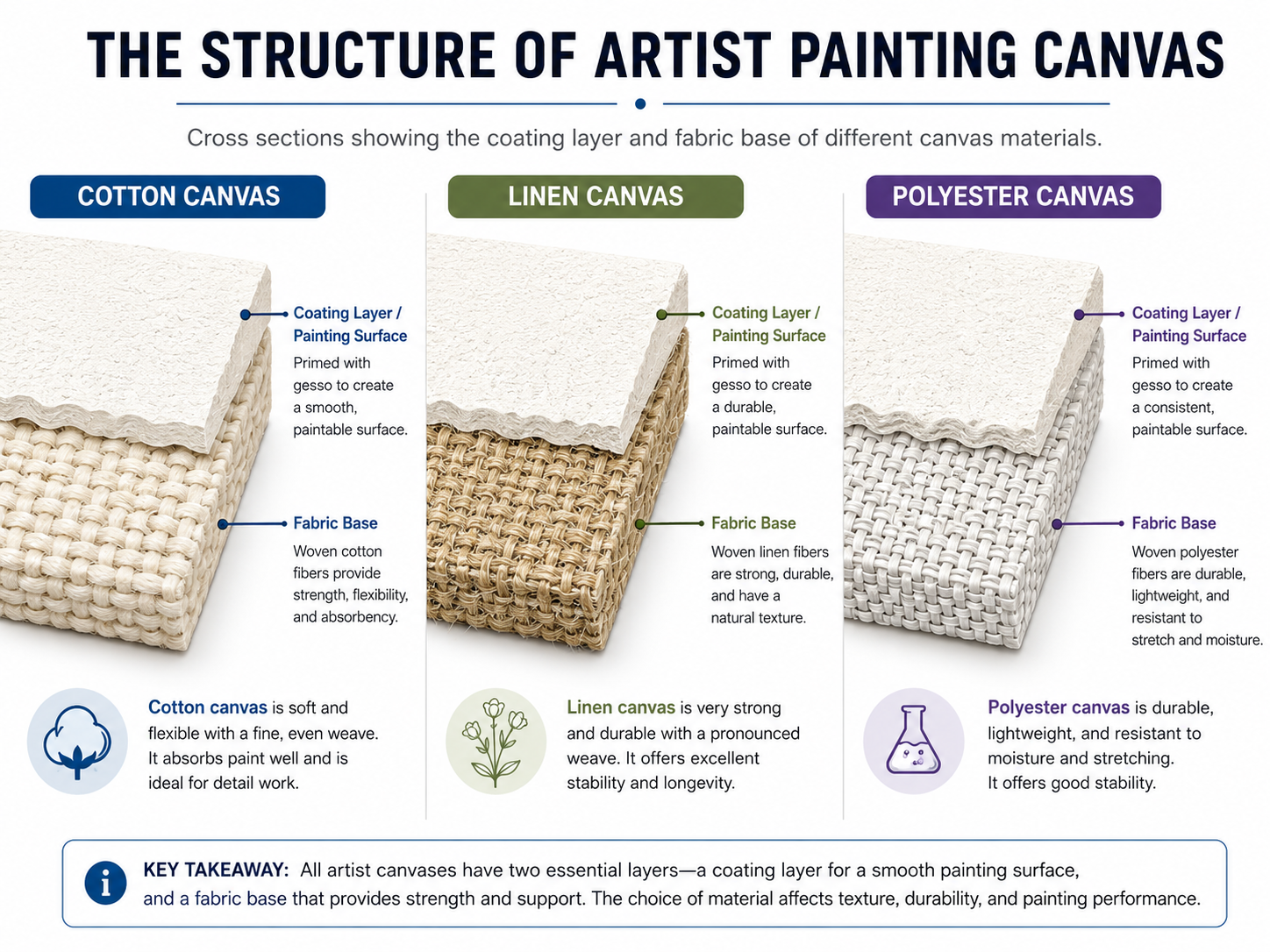 Cross section of artist painting canvas showing fabric base and coating layers