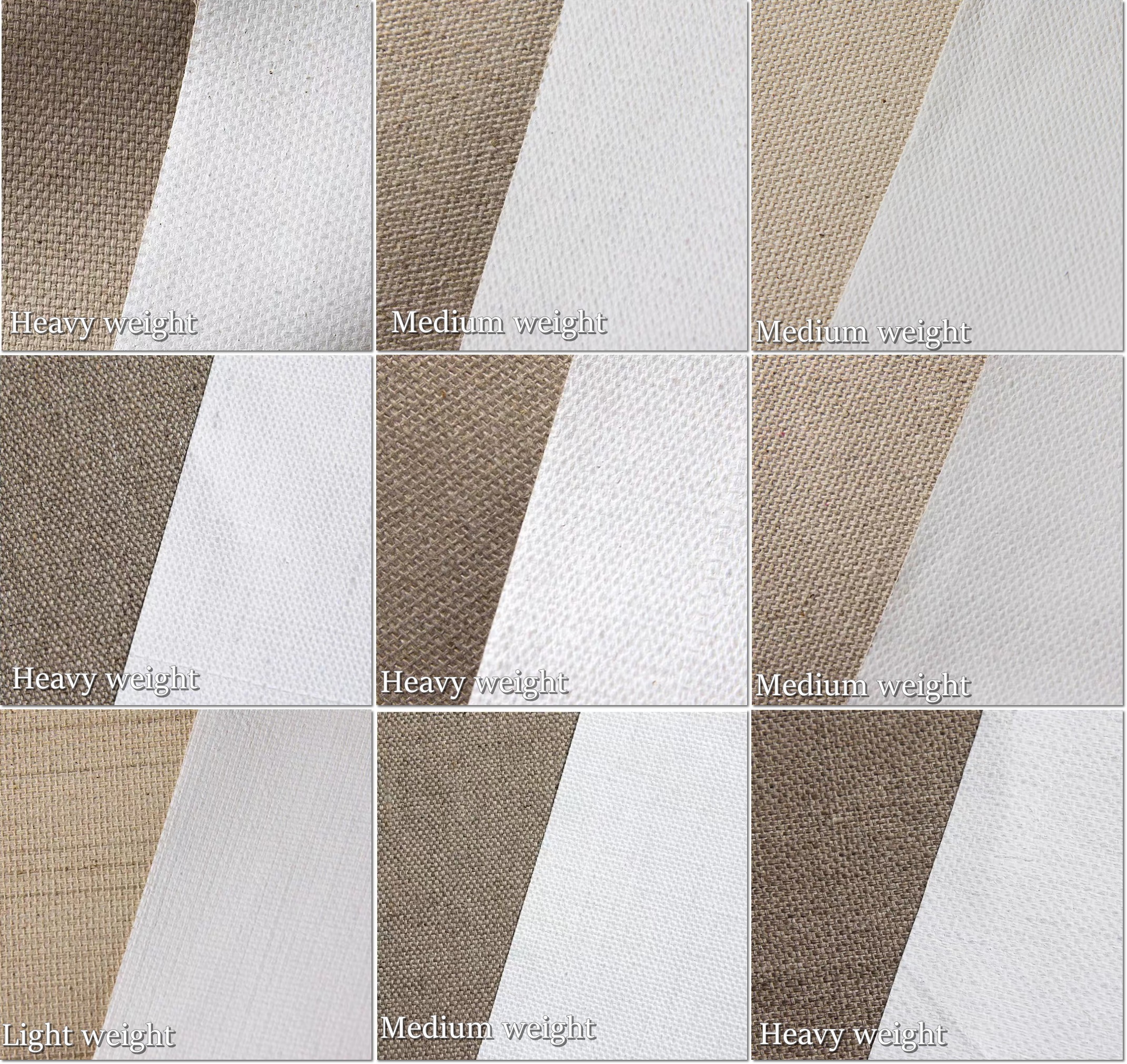 Different linen canvas weights stretched on wooden frames for fine art painting