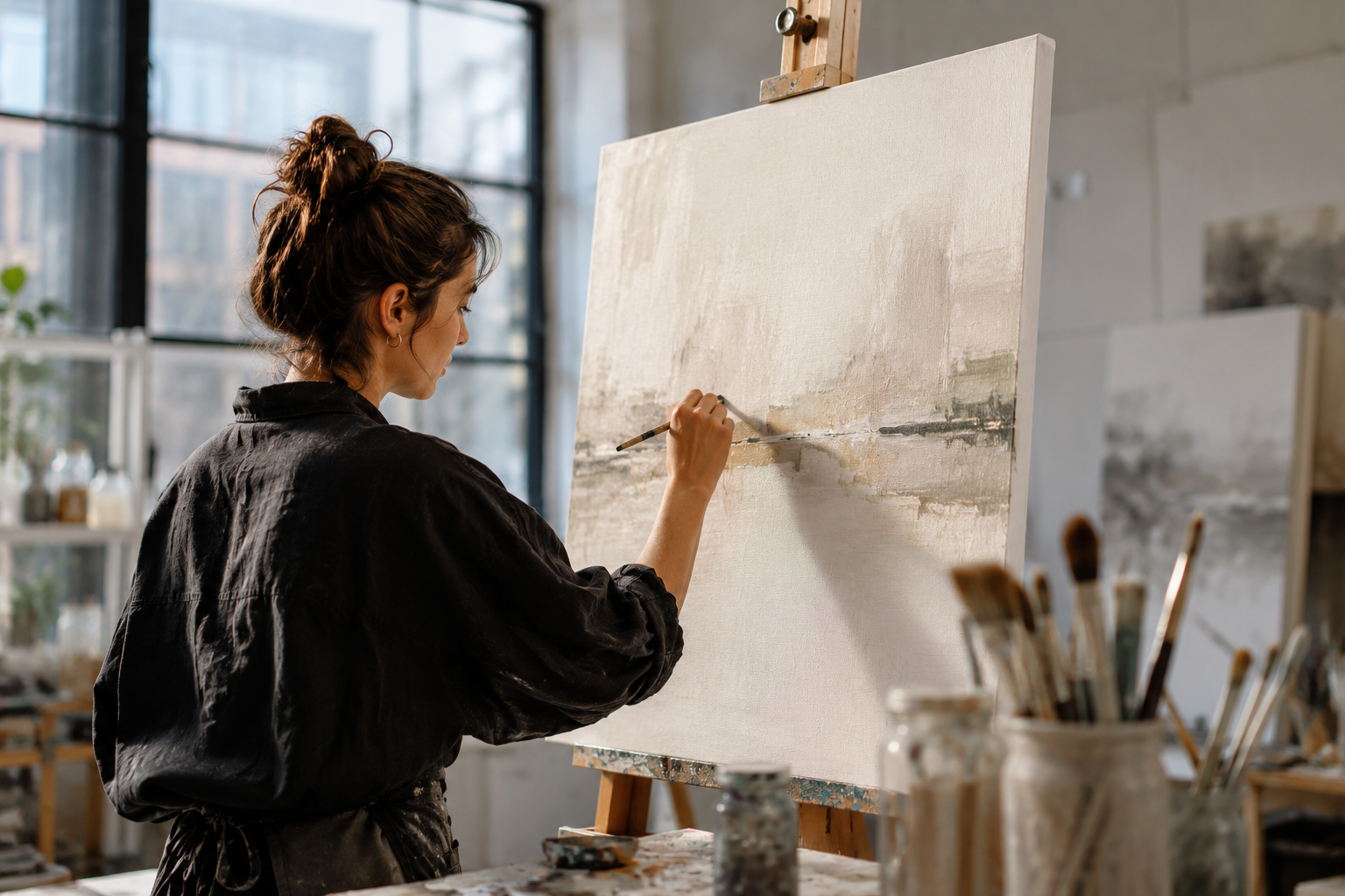 Professional artist painting on stretched artist linen canvas in studio