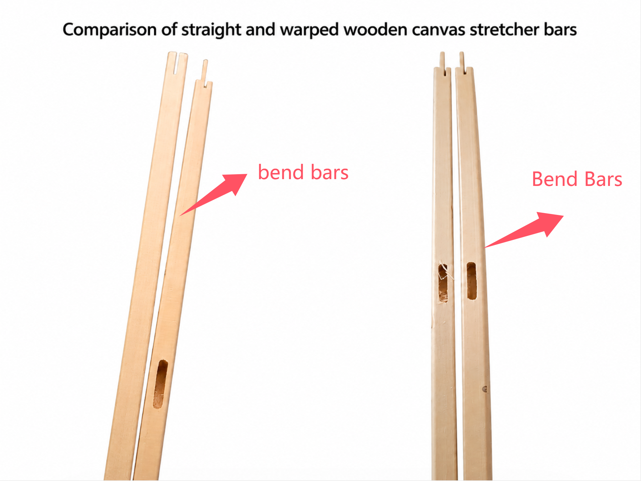 Comparison of straight and warped wooden canvas stretcher bars