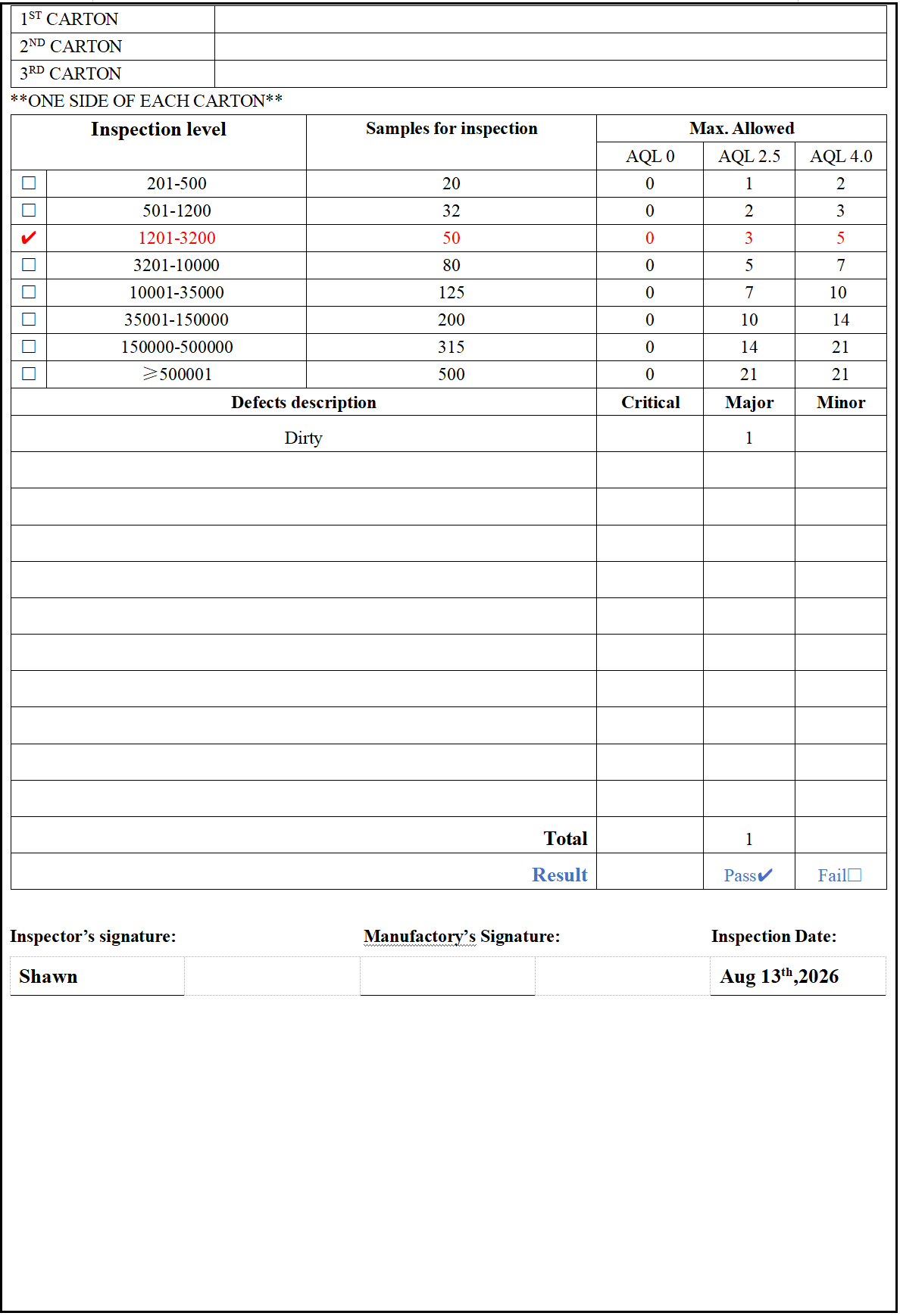 Printable canvas final random inspection record showing AQL sampling