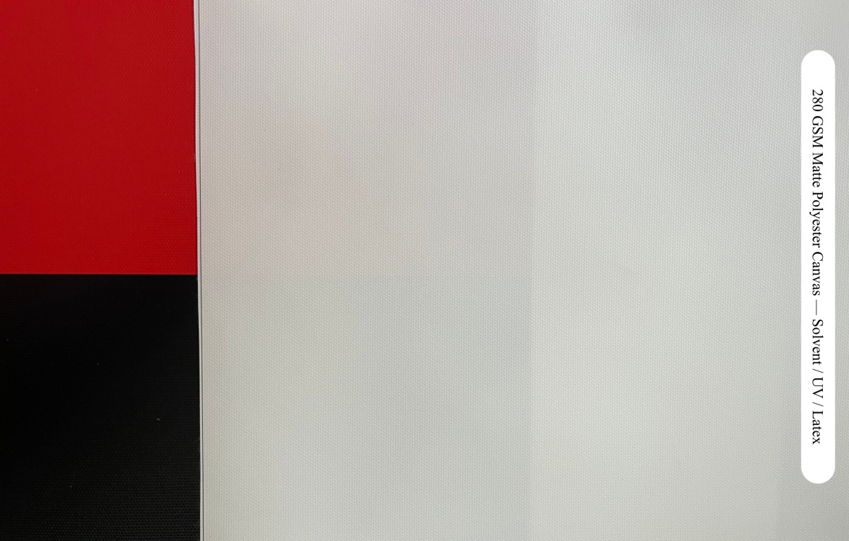 280 GSM matte polyester printable canvas opacity over red, white and black backgrounds