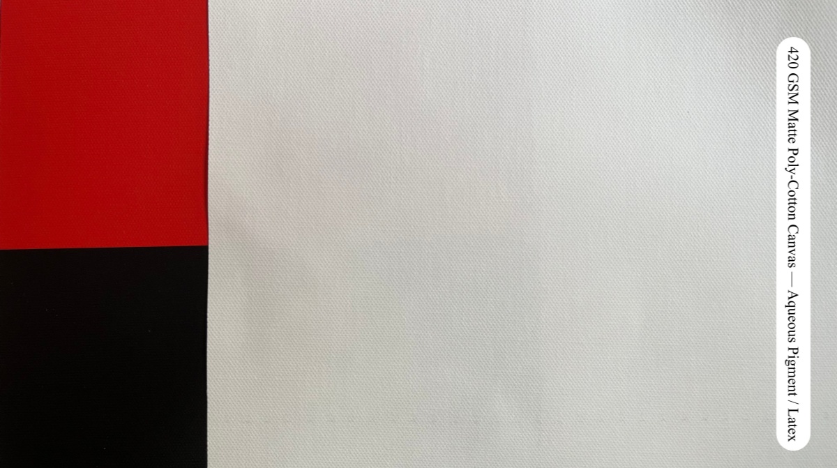420 GSM poly-cotton printable canvas opacity over red, white and black backgrounds