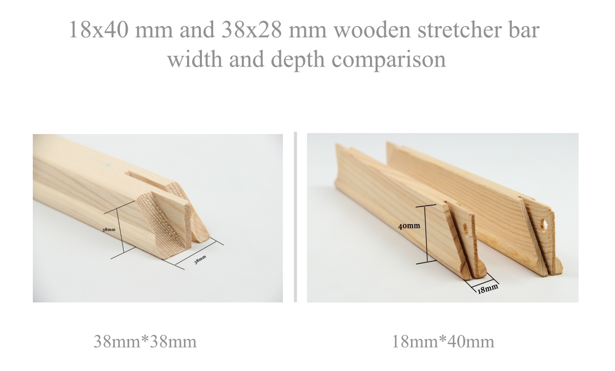 18x40 mm and 38x28 mm wooden stretcher bar width and depth comparison