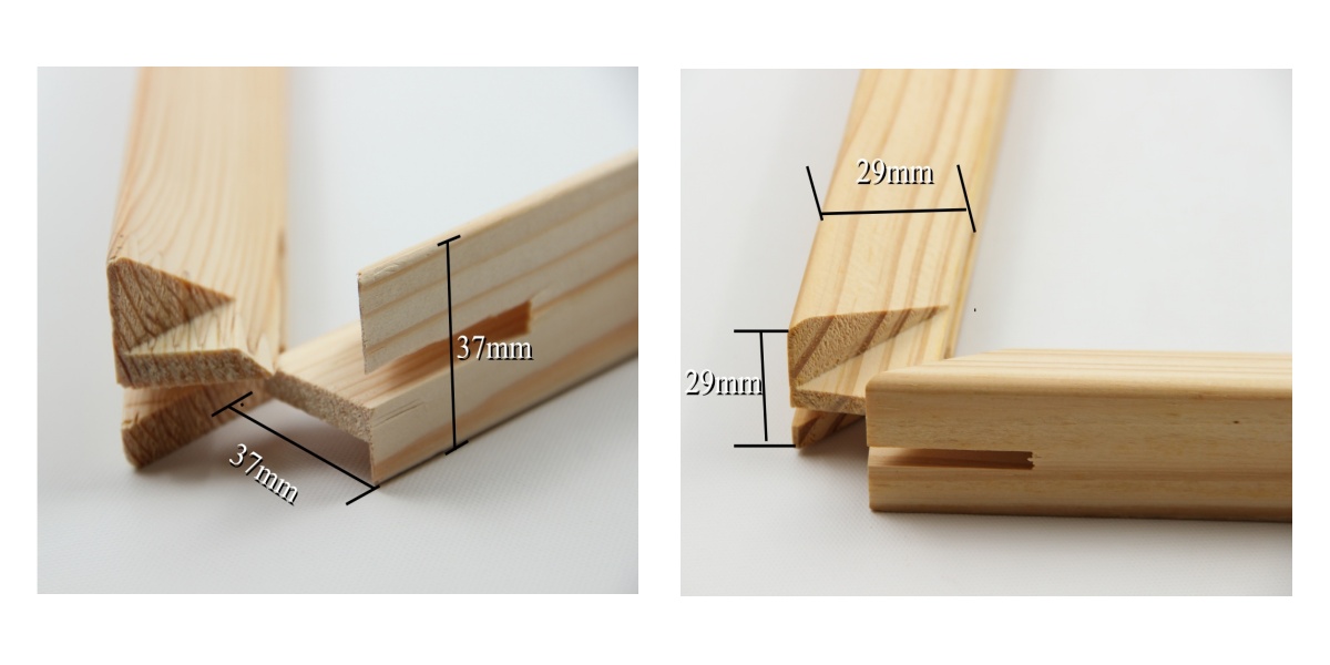 29x29 mm and 37x37 mm inclined wooden stretcher bar profile geometry family