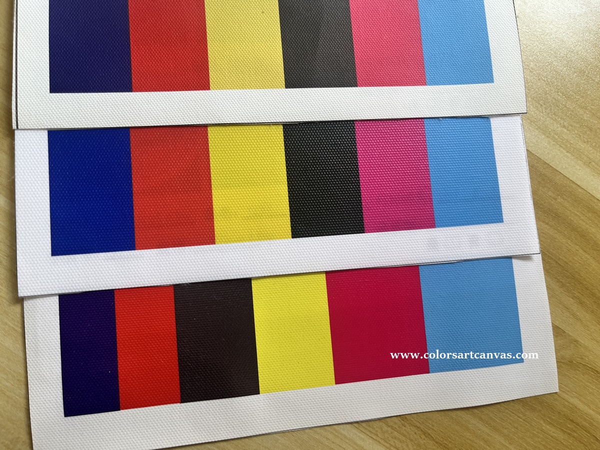 Three printed canvas samples showing color patches, black areas and different weave textures