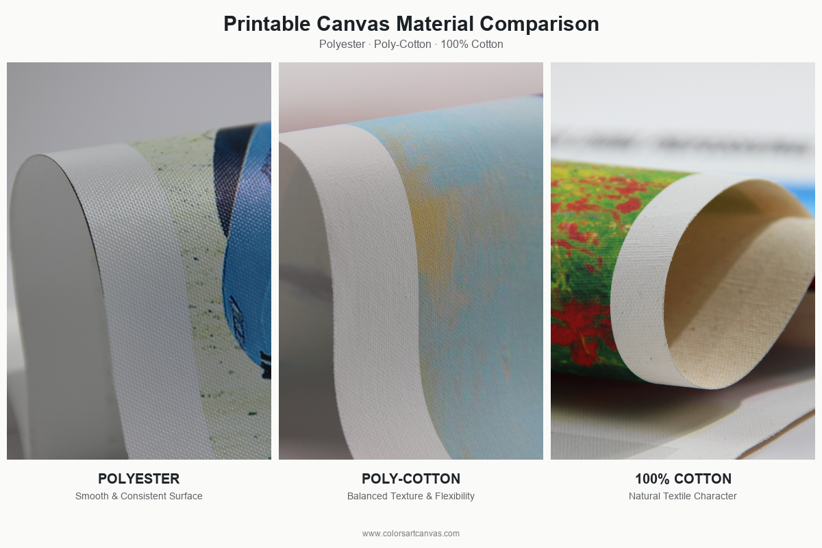 Polyester, poly-cotton and 100% cotton printable canvas material comparison showing surface texture and backing