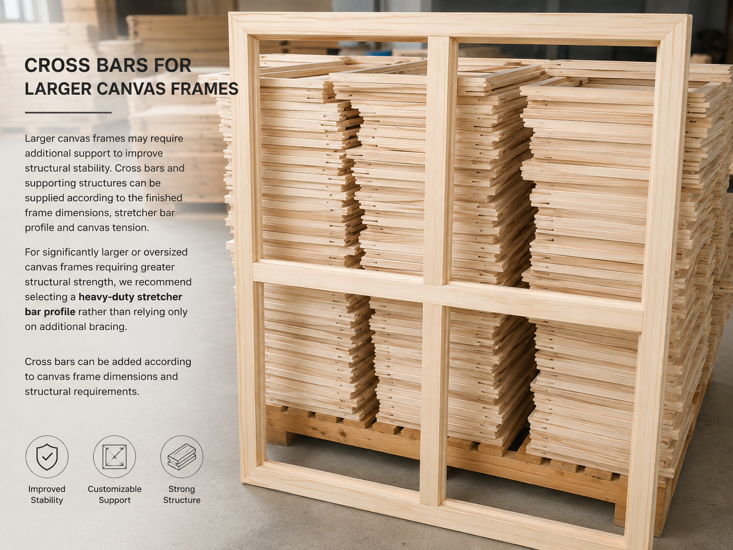 Gallery wrap canvas frame with wooden cross bar support
