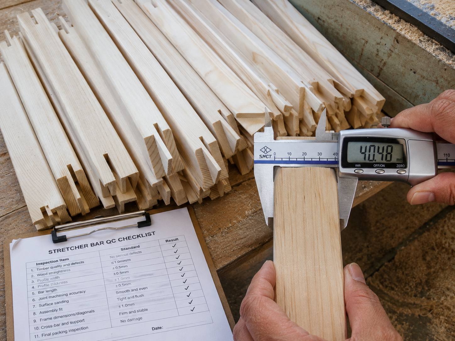 Wooden canvas stretcher bar dimensional quality inspection at Colors Art