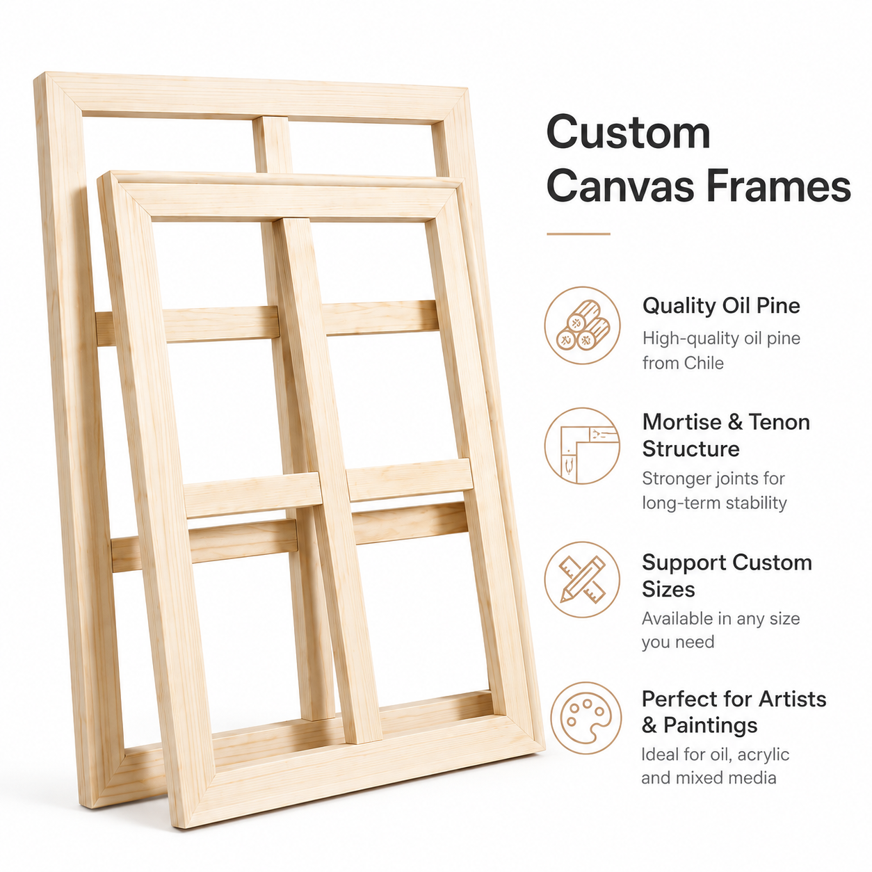 Large wooden canvas stretcher frame with cross bar support