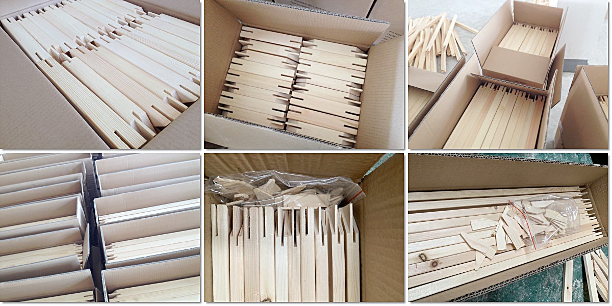 Canvas stretcher bars packed in cartons with wooden wedges