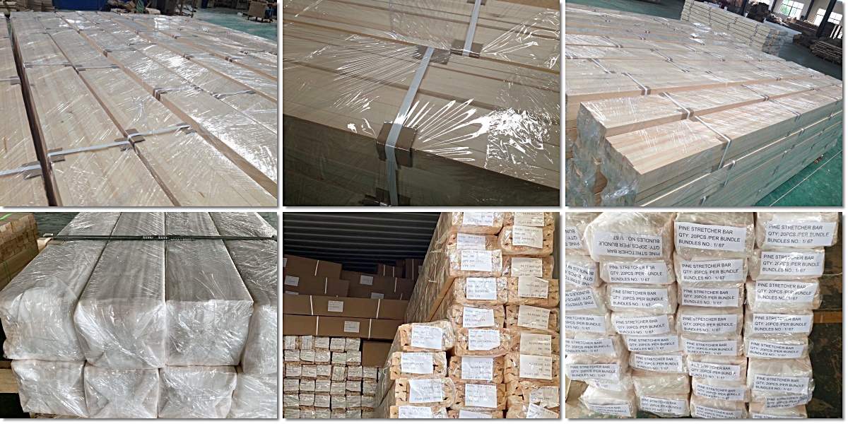 Pine canvas stretcher bars bundled and packed for international export